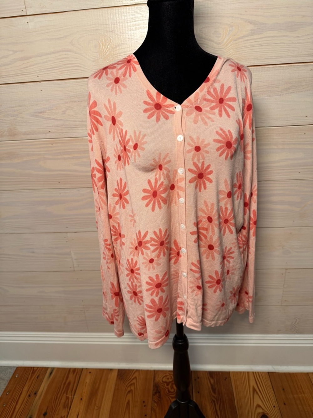 Floral Pink Button-Front Silk Cardigan Sweater 1X - Picture 4 of 7